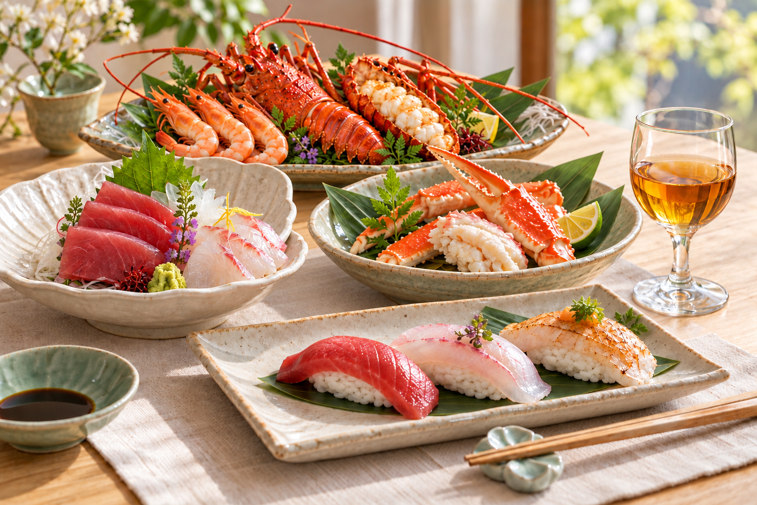 海老、刺身、寿司、蟹料理と黄酒を並べた明るい食卓のイメージ